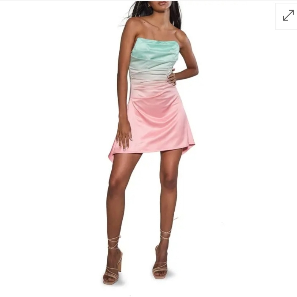 Strapless Ombre Satin Mini Dress in Mint & Pink